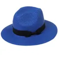 Chapeau Panama en paille bleu roi pour femme avec ruban noir et nœud sur fond blanc - 56-58cm / Style Nœud en Ruban (346) / Bleu royal