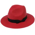 Chapeau Panama pour femme en paille rouge avec un ruban noir élégant et bord large - 56-58cm / Style Nœud en Ruban (346) / Rouge