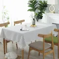 Λευκό και μπλε καρό τραπεζομάντιλο με κρόσσια σε ξύλινο τραπέζι τραπεζαρίας - 140*250cm / Blue and White Grid with Tassels