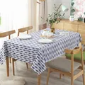 Modern rectangle table cloth with blue fish pattern on beige linen cotton fabric - Pacific Saury