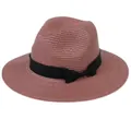 Chapeau Panama rose poudré pour femme avec ruban noir et calotte classique de fedora - 56-58cm / Style Nœud en Ruban (346) / Rose Poudré