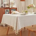 Noords minimalistisch crème gestreept tafelkleed met kwastjes voor rechthoekige tafels - 60*60cm / Kwastjes Stijl / Wit