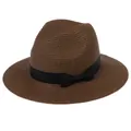 Chapeau Panama en paille marron foncé pour femme avec ruban noir et texture tissée - 56-58cm / Nœud en Ruban Noir / 346-L Café