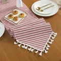 Close-up of red and white striped cotton linen table runner with elegant white tassels - Woven Red Striped Triangular Table Runner + Off-white Tassel / 30*200cm