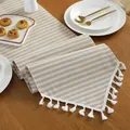 Detail of striped cotton linen table runner with white fringe on a wooden dining table - Yarn-dyed Rice Stripe Triangular Table Runner + Off-white Tassel / 30*200cm