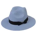 Chapeau Panama en paille bleu clair avec ruban gros-grain noir et noeud élégant - 56-58cm / Nœud en Ruban Noir / 346-P Bleu Ciel