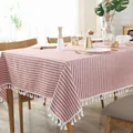 Japanse rood gestreepte katoen linnen tafelkleed met witte kwastjes voor de eettafel - 140*250cm / Rood Gestreept Met Kwastjes