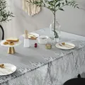 Close-up of grey striped tablecloth with elegant white eyelash lace border trim - 145*200cm / White Eyelash