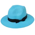 Chapeau de soleil Panama bleu ciel pour femme avec ruban noir sur fond blanc pur - (56-58cm) / Nœud en Ruban Noir / 346-T Bleu Lac