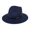 Chapeau Panama bleu foncé en paille tressée avec ruban en cuir noir et boucle métal - (56-58cm) / Bande de Cuir Noir Avec Boucle Argent / 347-W Bleu Marine