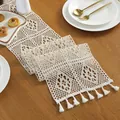 Detail showing cream crochet lace table runner with elegant fringe on a wooden table - 24*140CM / Square Crochet Style
