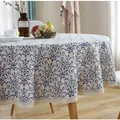 Mantel redondo de algodón y lino con flores azules vintage y borde de encaje beige - Diámetro 90CM / Porcelana Azul y Blanca Con Borde