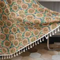 Detail van vintage jacquard gordijnstof met zonnebloempatroon en witte franjes - Zonnebloem stijl (Roede) / 150cm x 45cm