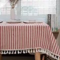 Σκανδιναβικό κόκκινο και λευκό ριγέ τραπεζομάντιλο με λευκά διακοσμητικά βαμβακερά φουντάκια - 140*250cm / Yarn Dyed Red Striped Tassel Style