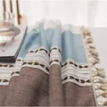 Detailed close-up of blue and beige striped cotton linen table runner with tassel fringe - 140*250cm / Blue-Coffee Stripes