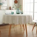 Nappe ronde minimaliste en lin beige avec d'élégantes franges en coton blanc raffiné - 120CM Rond / Lin Flammé avec Gland