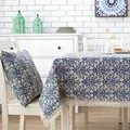 Linen rectangle tablecloth and pillow set with blue damascus pattern and lace trim - 140x250CM / Blue and White Porcelain With Edge