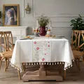 Macro detail of beige linen tablecloth with floral embroidery and tassel fringe - 140*250cm / Rural Floral Style With Tassel