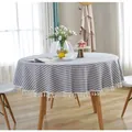 Nappe ronde minimaliste à rayures bleues et blanches avec d'élégants pompons en coton - 120CM Rond / Rayé Bleu avec Glands