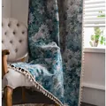 Jacquard curtain featuring blue floral patterns and white tassels in a cozy home setting - Oil Painting Style (Hook) / 150W*270H