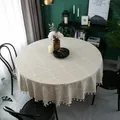 Detail of round beige checkered tablecloth with elegant fringe trim and linen texture - 180cm (Diameter) / Coffee