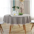 Nappe ronde nordique à rayures brunes et bordure à pompons blancs pour décor de table - Rayé Café Avec Pompons