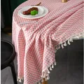 Pink plaid cotton linen tablecloth with white fringes on a dinner table setting - Pink Fine Grid With Tassel