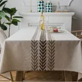 Nordic linen tablecloth with brown diamond wheat embroidery on light beige fabric - 90x90cm / Natural Embroidered Leaves Style