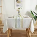 Nordic linen tablecloth with yellow and green leaf embroidery and white lace trim - 90x90cm / Multicolor Embroidered Leaves with Lace Style