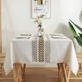 Nordic beige linen tablecloth with geometric leaf embroidery and delicate lace edges - 90x90cm / Natural Embroidered Leaves with Lace Style