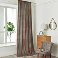 Detail of bohemian cotton linen curtain with colorful stripes and white pom-pom tassels - 150W*270H / Bronzed Green Stripe Rod Pocket