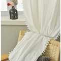 Close-up of white curtain fabric with pom-pom trim and detailed linen texture finish - Extra Long Style / White (Hook Style)