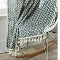 Detail of grey and white herringbone cotton throw with decorative tassel edges - 150 Wide * 220 High / Gray Chevron - Rod Pocket