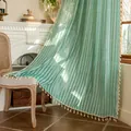 Mint green striped sheer curtain with white fringe tassel edges in a vintage living room - 150W*180H CM / Yarn-dyed Green Striped With Tassels - Rod Pocket (Hollow-out)