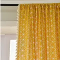 Nordic ginger cotton linen curtain with white geometric patterns and tassel trim - 150 Wide * 220 High / Ginger Yellow Grid - Rod Pocket