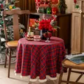 Detail of red plaid tablecloth with cream fringes and festive Christmas holiday setting - 150cm / Red Plaid Blue Line with Tassels