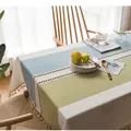 Modern patchwork cotton linen tablecloth with blue green stripes and woven lace trim - 140*250cm / Blue-Green Stripes