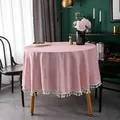 Mantel redondo de cuadros rosa en algodón lino con borlas de estilo nórdico moderno - Redondo 100cm / Cuadros Rosas Finos