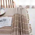 Linen table runner with beige and brown stripes featuring tassel edges and embroidery - 140*250cm / Coffee Three Stripes