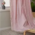 Red and white striped linen curtain with elegant cream tassels for rustic home decor - Color-woven Red Striped + Suzhou Hook Curtain / 150w*160cm High