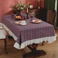Vintage rectangular tablecloth with red floral prints and ruffled cream borders - 90*90cm / Blue Background Red Floral Ruffle