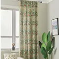 Rustic floral linen curtain with green fern prints and beige tassels in natural home setting - Green Plants + Suzhou-style Curtain Rod (reverse Pressure) / 150W*45H CM
