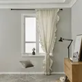 Pink ruffled linen curtain panel in soft cream white with bohemian lace fringe ties - Beige Ruffle Rod Pocket Curtain / 150W*160H CM