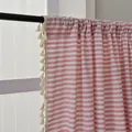 Detail of red and white striped cotton linen curtain with decorative beige tassels on rod - Color-woven Red Stripes + Tassel-style Curtain / 150w*160cm High