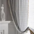 Nordic grey and white striped linen curtains with delicate fringe tassels for windows - 150cm x 45cm / Grey Stripe (Rod Pocket Style)