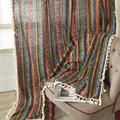 Bohemian striped cotton linen curtain with colorful patterns and white tassel trim - 150W*270H / Bronzed Green Stripe Hook