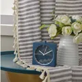 Close-up of a blue square desk clock with red second hand on a striped cotton fabric - Yarn-dyed Brown Striped Curtain With Suzhou Hooks / 150w*160cm High