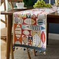 Chemin de table japonais en lin avec motifs poissons et glands décoratifs à perles - 35*180cm / Poissons Colorés