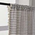 Close-up of cotton linen striped curtain fabric with elegant cream tassel trim details - Yarn-dyed Brown Stripes + Su-style Rod Curtain / 150w*160cm High