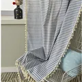 Detailed view of blue and white striped cotton linen curtain with tassel trim and fringe - Yarn-dyed Blue Striped + Suede Hook Curtain / 150w*160cm High